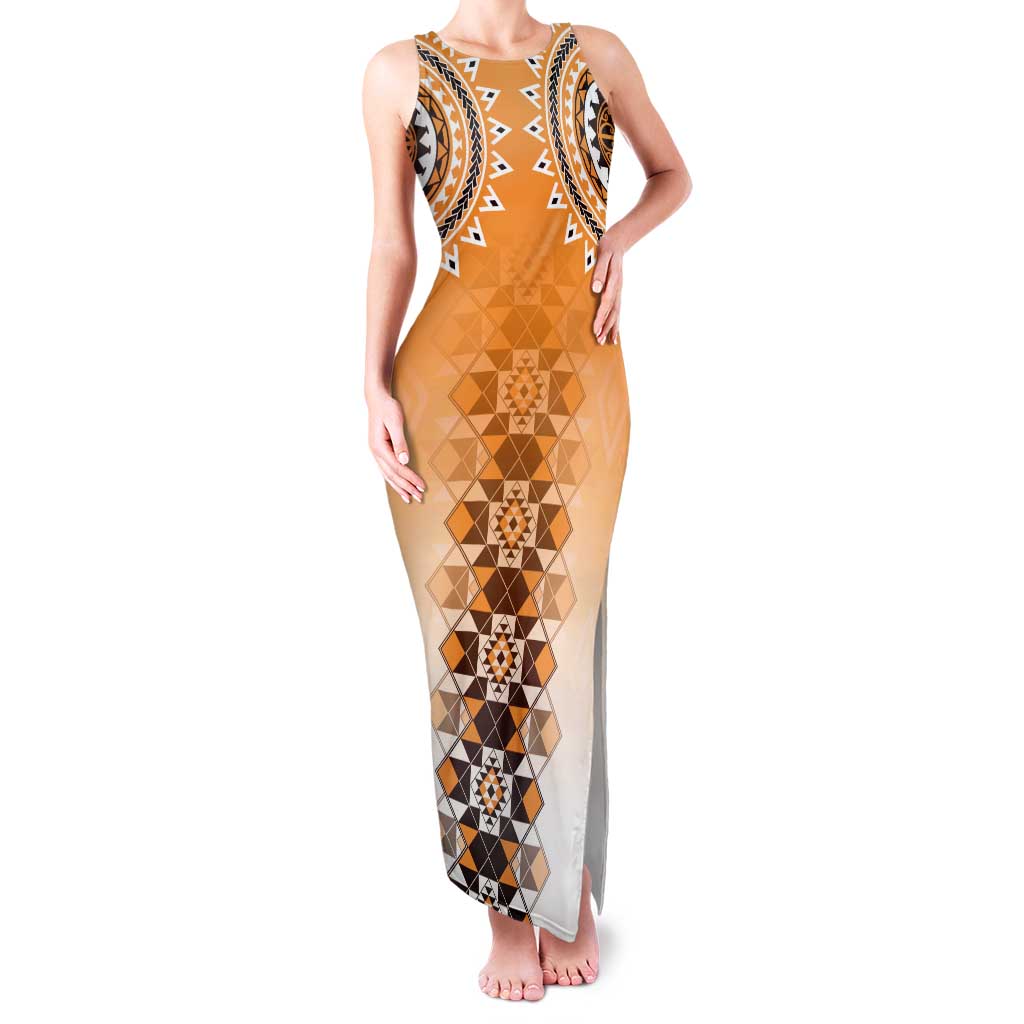 New Zealand Family Matching Tank Maxi Dress and Hawaiian Shirt Poutama Mix Orange Taniko Inspired Art LT05 Mom's Dress Orange - Polynesian Pride