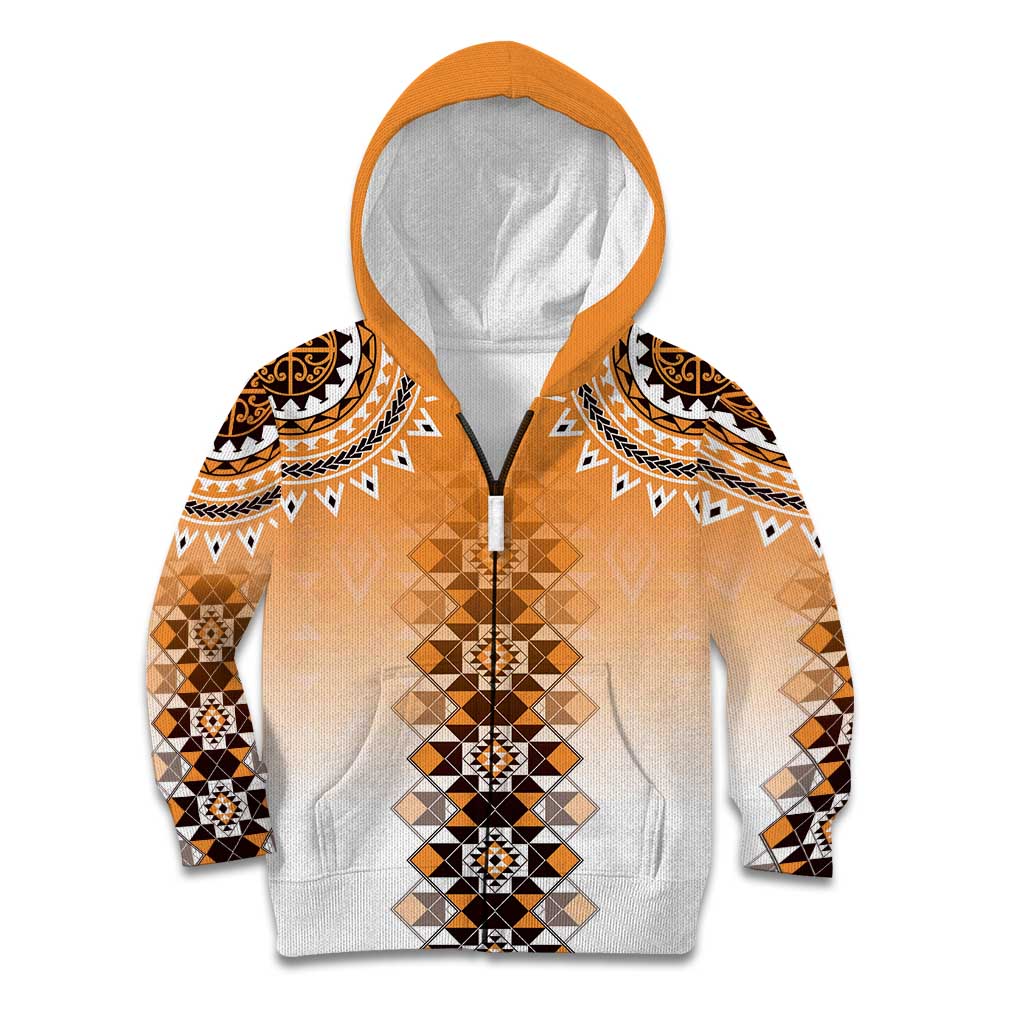 New Zealand Kid Hoodie Poutama Mix Orange Taniko Inspired Art LT05 Zip Hoodie Orange - Polynesian Pride