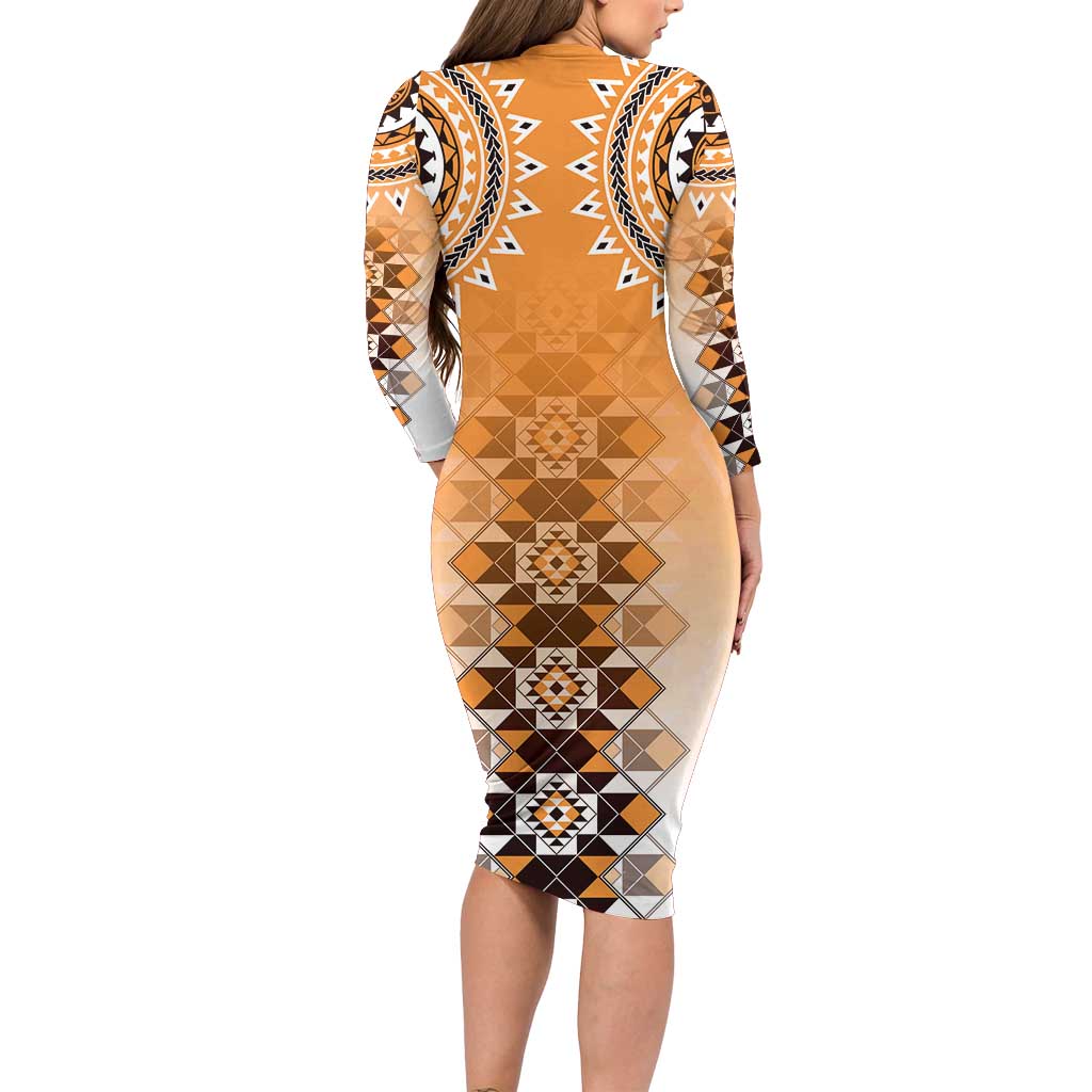 New Zealand Long Sleeve Bodycon Dress Poutama Mix Orange Taniko Inspired Art LT05 - Polynesian Pride