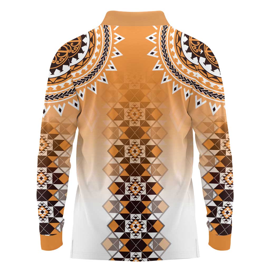 New Zealand Long Sleeve Polo Shirt Poutama Mix Orange Taniko Inspired Art LT05 - Polynesian Pride