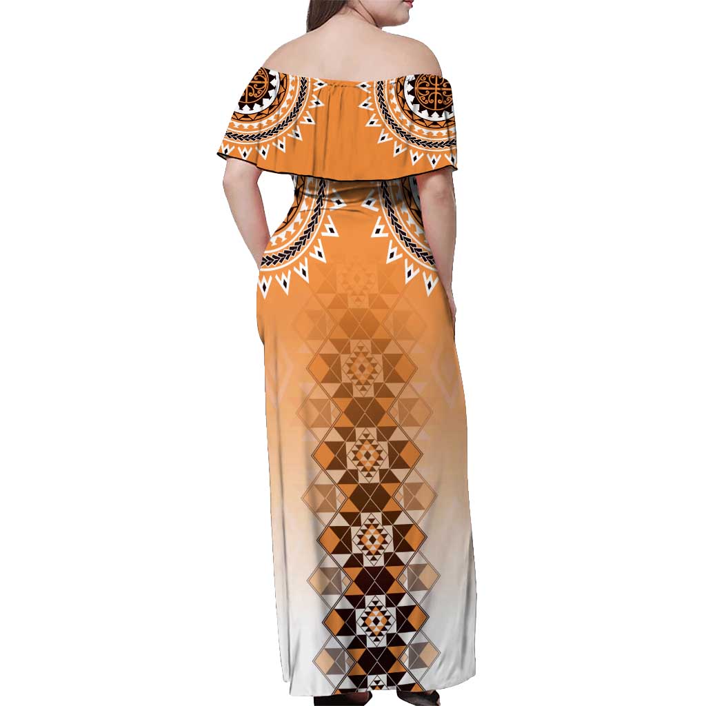 New Zealand Off Shoulder Maxi Dress Poutama Mix Orange Taniko Inspired Art LT05 - Polynesian Pride