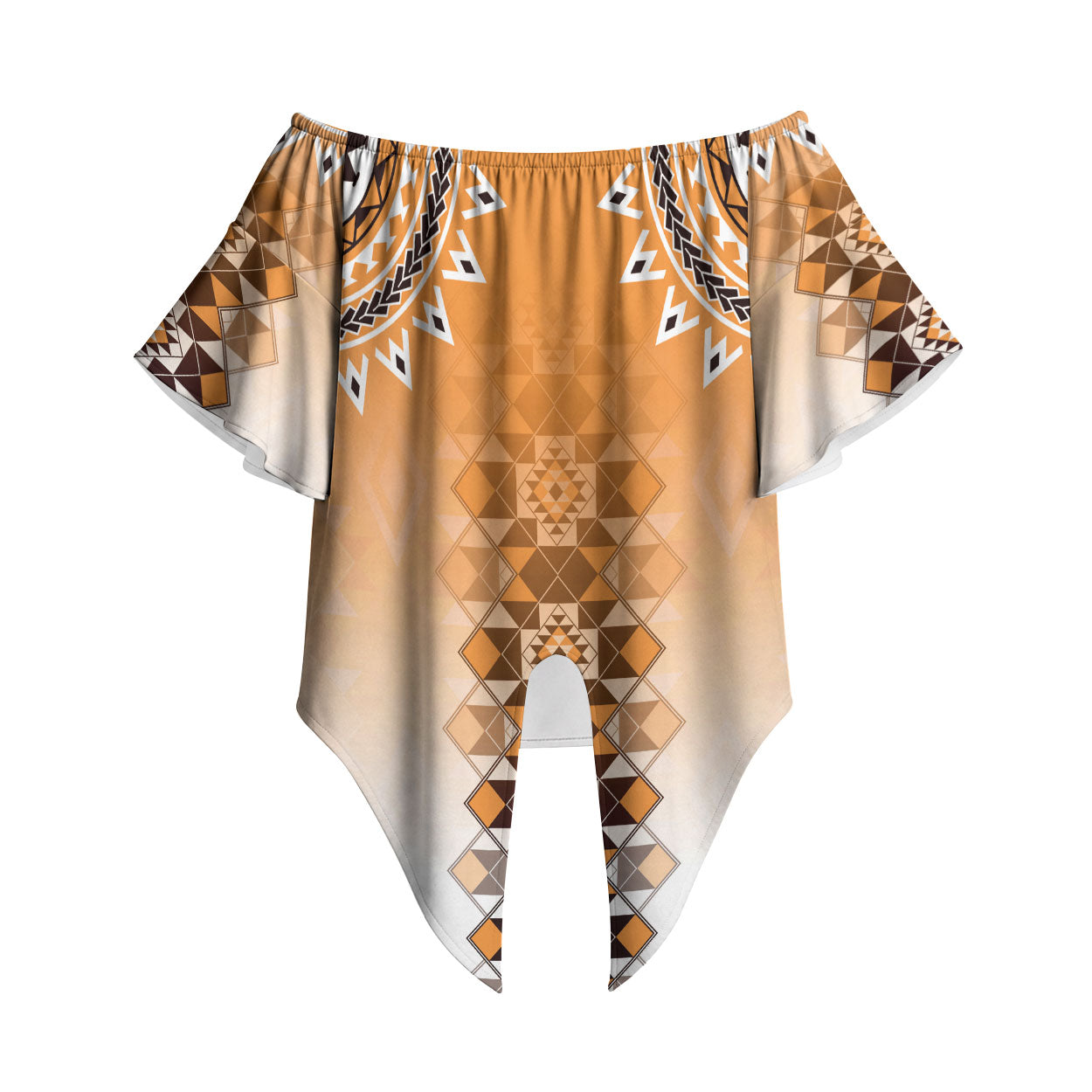 New Zealand Off Shoulder Wrap Waist Top Poutama Mix Orange Taniko Inspired Art LT05 Orange - Polynesian Pride