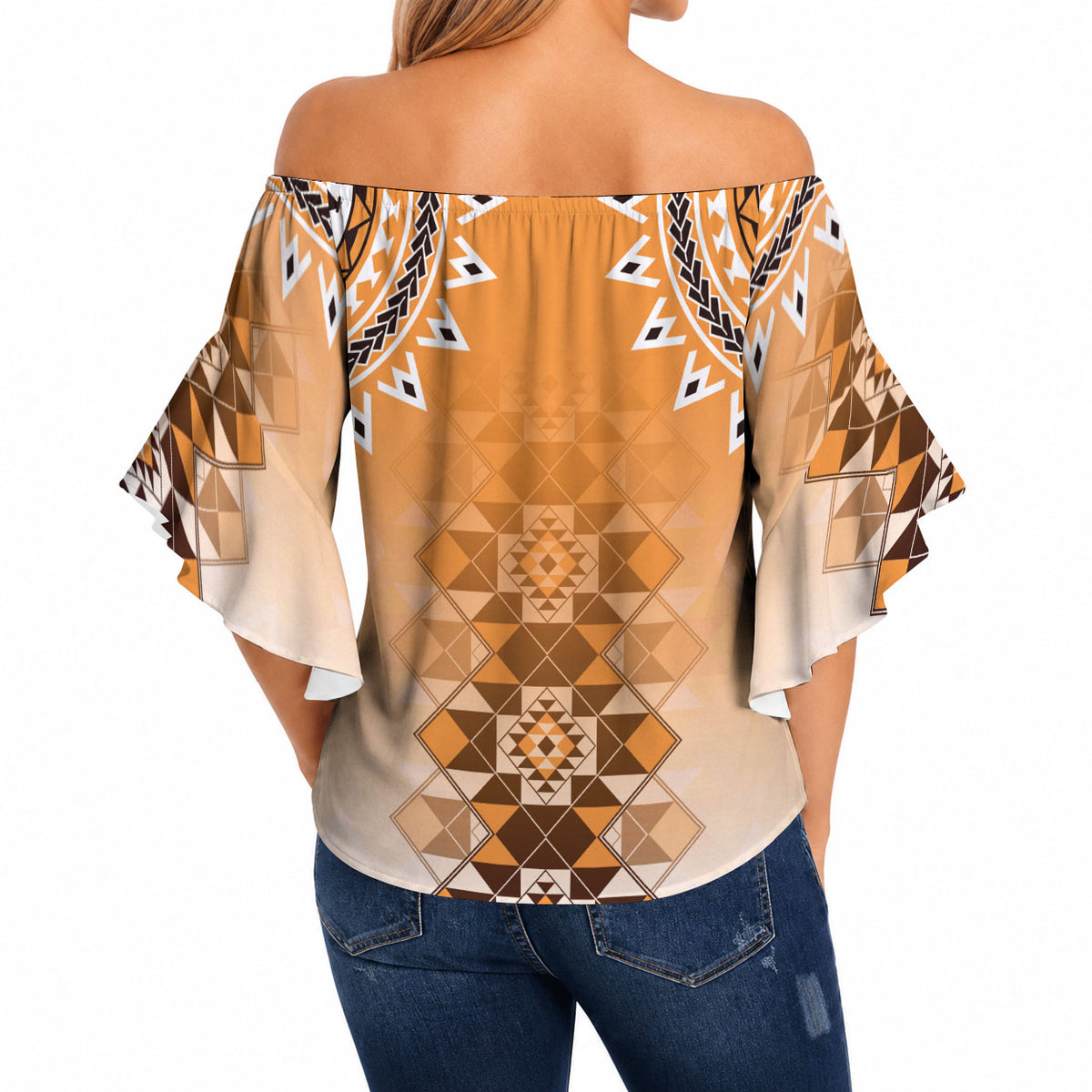 New Zealand Off Shoulder Wrap Waist Top Poutama Mix Orange Taniko Inspired Art LT05 - Polynesian Pride