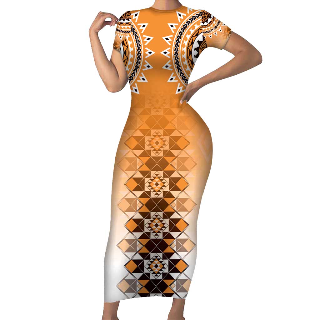 New Zealand Short Sleeve Bodycon Dress Poutama Mix Orange Taniko Inspired Art LT05 Long Dress Orange - Polynesian Pride