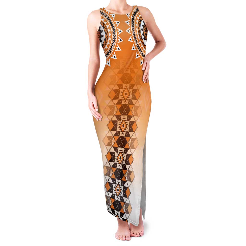 New Zealand Tank Maxi Dress Poutama Mix Orange Taniko Inspired Art LT05 Women Orange - Polynesian Pride