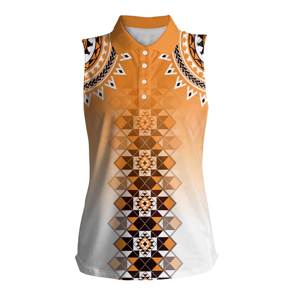 New Zealand Women Sleeveless Polo Shirt Poutama Mix Orange Taniko Inspired Art LT05 Female Orange - Polynesian Pride