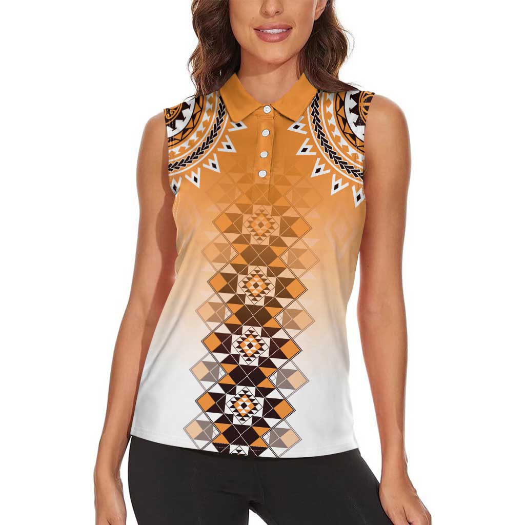New Zealand Women Sleeveless Polo Shirt Poutama Mix Orange Taniko Inspired Art LT05 - Polynesian Pride