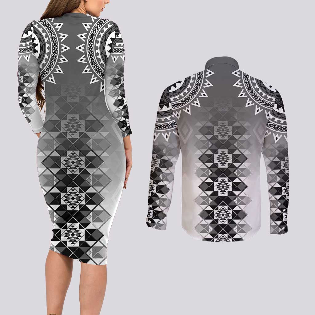 New Zealand Couples Matching Long Sleeve Bodycon Dress and Long Sleeve Button Shirt Poutama Mix Gray Taniko Inspired Art LT05 - Polynesian Pride
