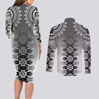 New Zealand Couples Matching Long Sleeve Bodycon Dress and Long Sleeve Button Shirt Poutama Mix Gray Taniko Inspired Art LT05 - Polynesian Pride