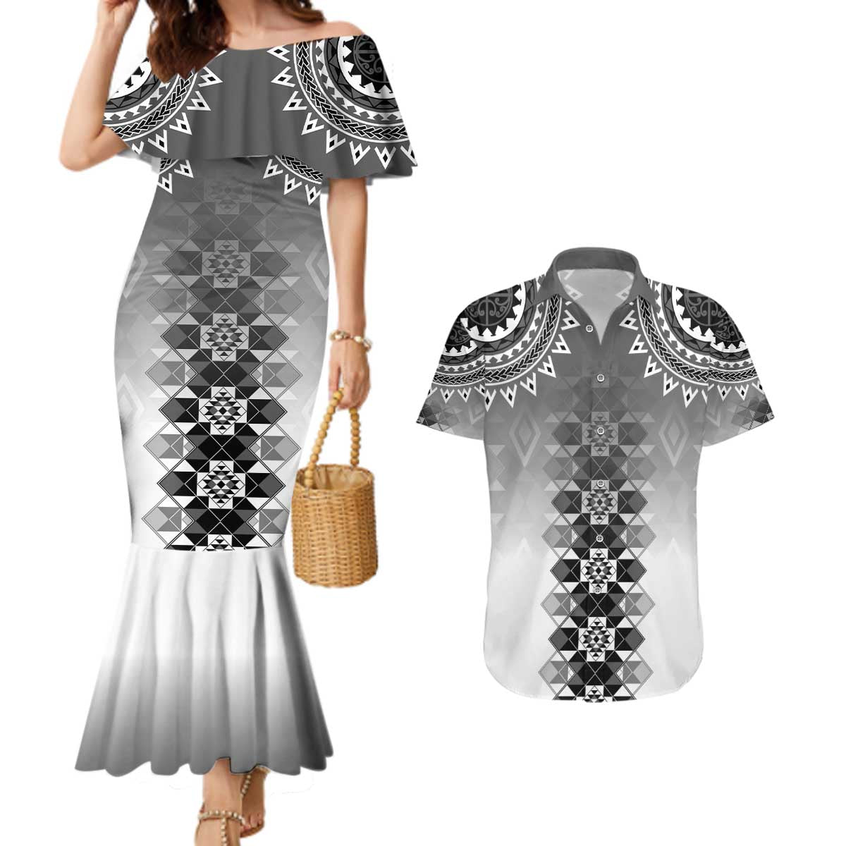 New Zealand Couples Matching Mermaid Dress and Hawaiian Shirt Poutama Mix Gray Taniko Inspired Art LT05 Gray - Polynesian Pride
