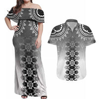 New Zealand Couples Matching Off Shoulder Maxi Dress and Hawaiian Shirt Poutama Mix Gray Taniko Inspired Art LT05 Gray - Polynesian Pride