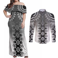 New Zealand Couples Matching Off Shoulder Maxi Dress and Long Sleeve Button Shirt Poutama Mix Gray Taniko Inspired Art LT05 Gray - Polynesian Pride