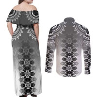 New Zealand Couples Matching Off Shoulder Maxi Dress and Long Sleeve Button Shirt Poutama Mix Gray Taniko Inspired Art LT05 - Polynesian Pride