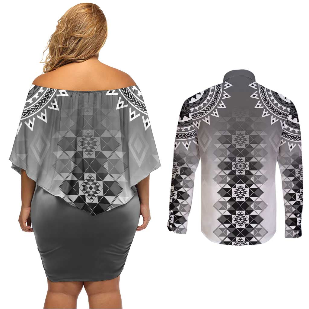 New Zealand Couples Matching Off Shoulder Short Dress and Long Sleeve Button Shirt Poutama Mix Gray Taniko Inspired Art LT05 - Polynesian Pride