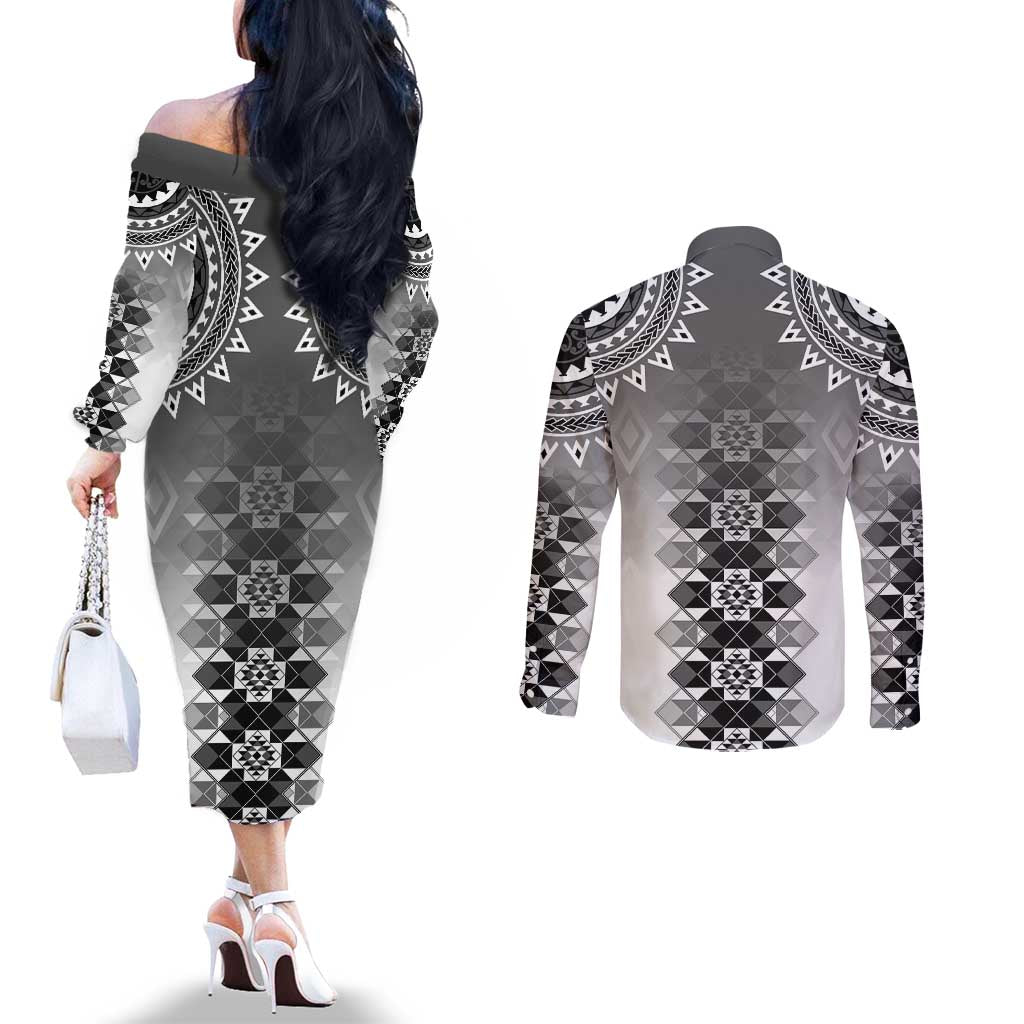 New Zealand Couples Matching Off The Shoulder Long Sleeve Dress and Long Sleeve Button Shirt Poutama Mix Gray Taniko Inspired Art LT05 - Polynesian Pride