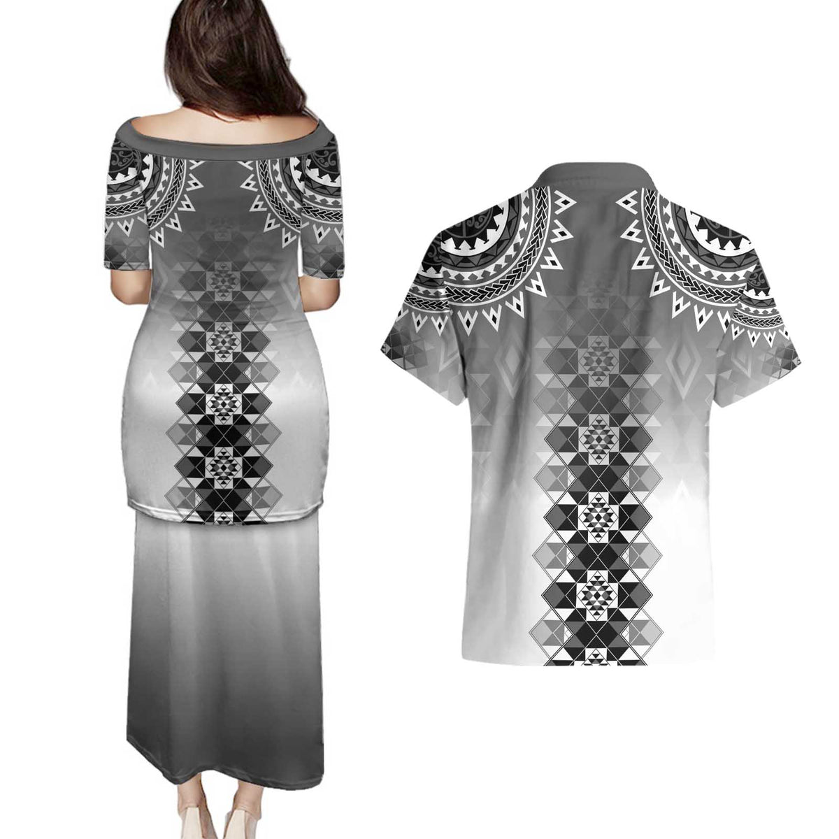 New Zealand Couples Matching Puletasi and Hawaiian Shirt Poutama Mix Gray Taniko Inspired Art LT05 - Polynesian Pride