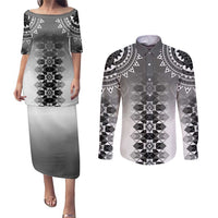 New Zealand Couples Matching Puletasi and Long Sleeve Button Shirt Poutama Mix Gray Taniko Inspired Art LT05 Gray - Polynesian Pride