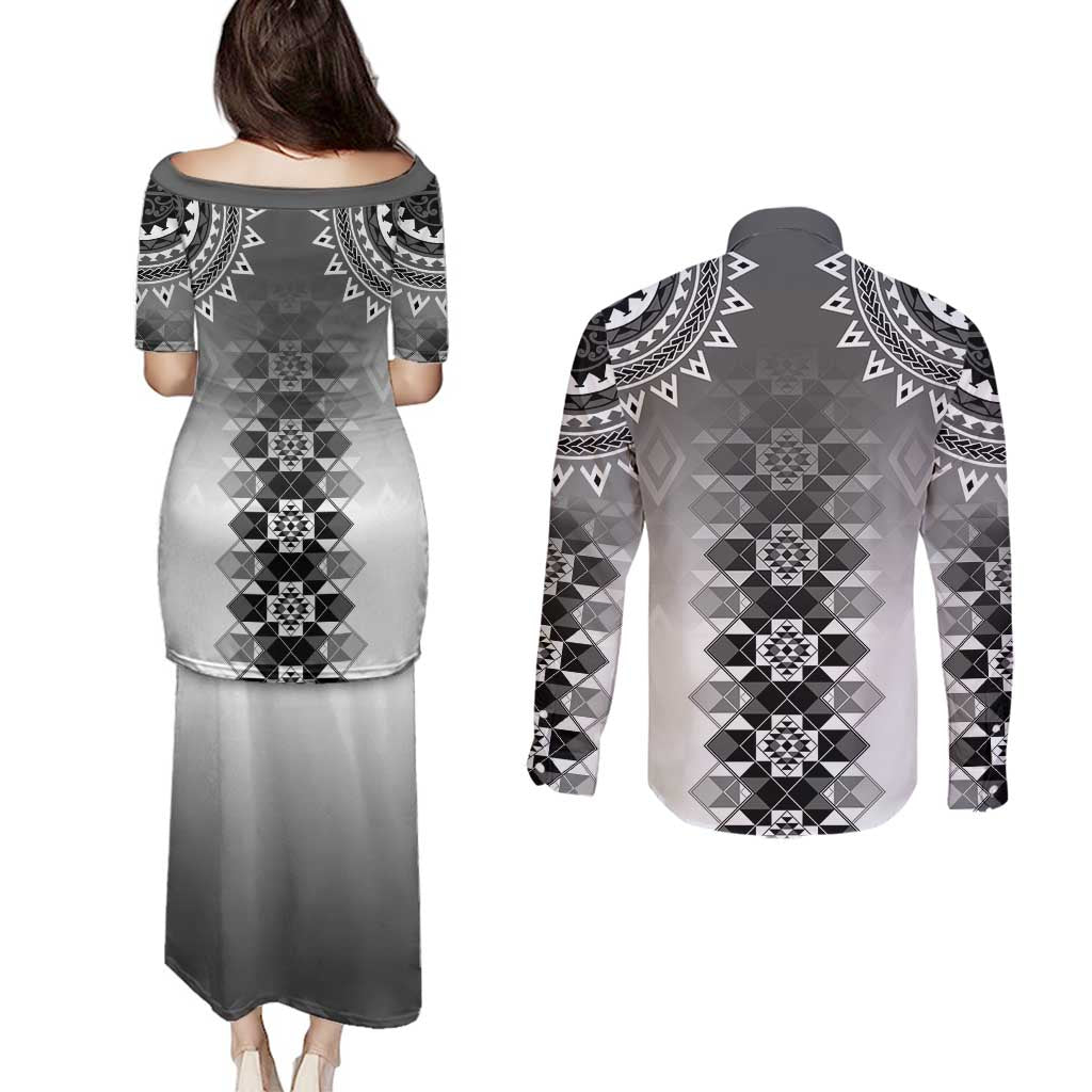 New Zealand Couples Matching Puletasi and Long Sleeve Button Shirt Poutama Mix Gray Taniko Inspired Art LT05 - Polynesian Pride