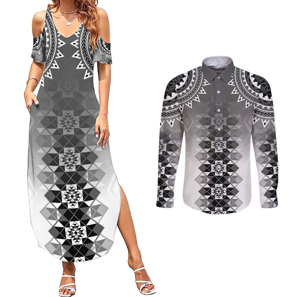 New Zealand Couples Matching Summer Maxi Dress and Long Sleeve Button Shirt Poutama Mix Gray Taniko Inspired Art LT05 Gray - Polynesian Pride