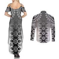 New Zealand Couples Matching Summer Maxi Dress and Long Sleeve Button Shirt Poutama Mix Gray Taniko Inspired Art LT05 - Polynesian Pride