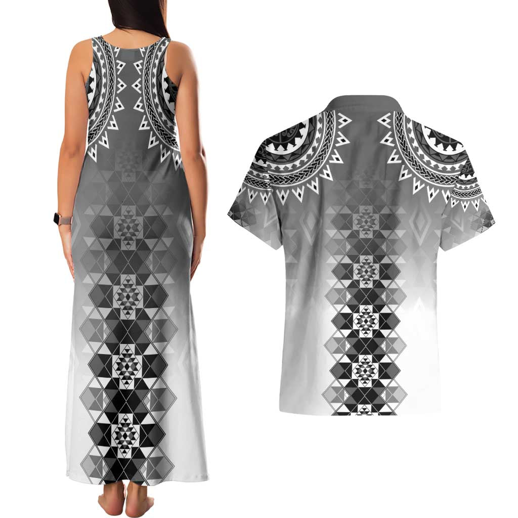New Zealand Couples Matching Tank Maxi Dress and Hawaiian Shirt Poutama Mix Gray Taniko Inspired Art LT05 - Polynesian Pride