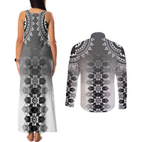New Zealand Couples Matching Tank Maxi Dress and Long Sleeve Button Shirt Poutama Mix Gray Taniko Inspired Art LT05 - Polynesian Pride