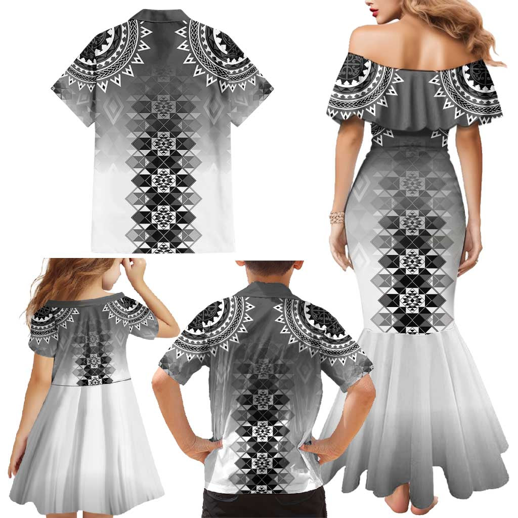 New Zealand Family Matching Mermaid Dress and Hawaiian Shirt Poutama Mix Gray Taniko Inspired Art LT05 - Polynesian Pride