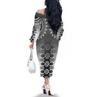 New Zealand Family Matching Off The Shoulder Long Sleeve Dress and Hawaiian Shirt Poutama Mix Gray Taniko Inspired Art LT05 - Polynesian Pride
