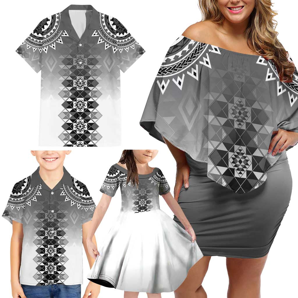 New Zealand Family Matching Off Shoulder Short Dress and Hawaiian Shirt Poutama Mix Gray Taniko Inspired Art LT05 - Polynesian Pride