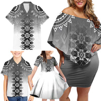 New Zealand Family Matching Off Shoulder Short Dress and Hawaiian Shirt Poutama Mix Gray Taniko Inspired Art LT05 - Polynesian Pride