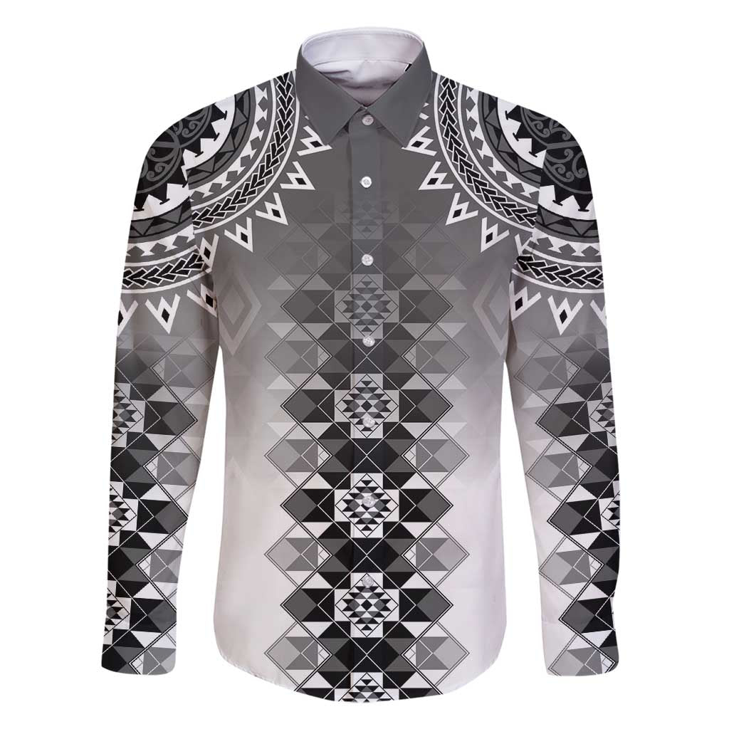 New Zealand Family Matching Off Shoulder Short Dress and Hawaiian Shirt Poutama Mix Gray Taniko Inspired Art LT05 Dad's Shirt - Long Sleeve Gray - Polynesian Pride
