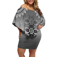 New Zealand Family Matching Off Shoulder Short Dress and Hawaiian Shirt Poutama Mix Gray Taniko Inspired Art LT05 Mom's Dress Gray - Polynesian Pride