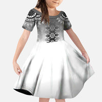 New Zealand Family Matching Puletasi and Hawaiian Shirt Poutama Mix Gray Taniko Inspired Art LT05 Daughter's Dress Gray - Polynesian Pride