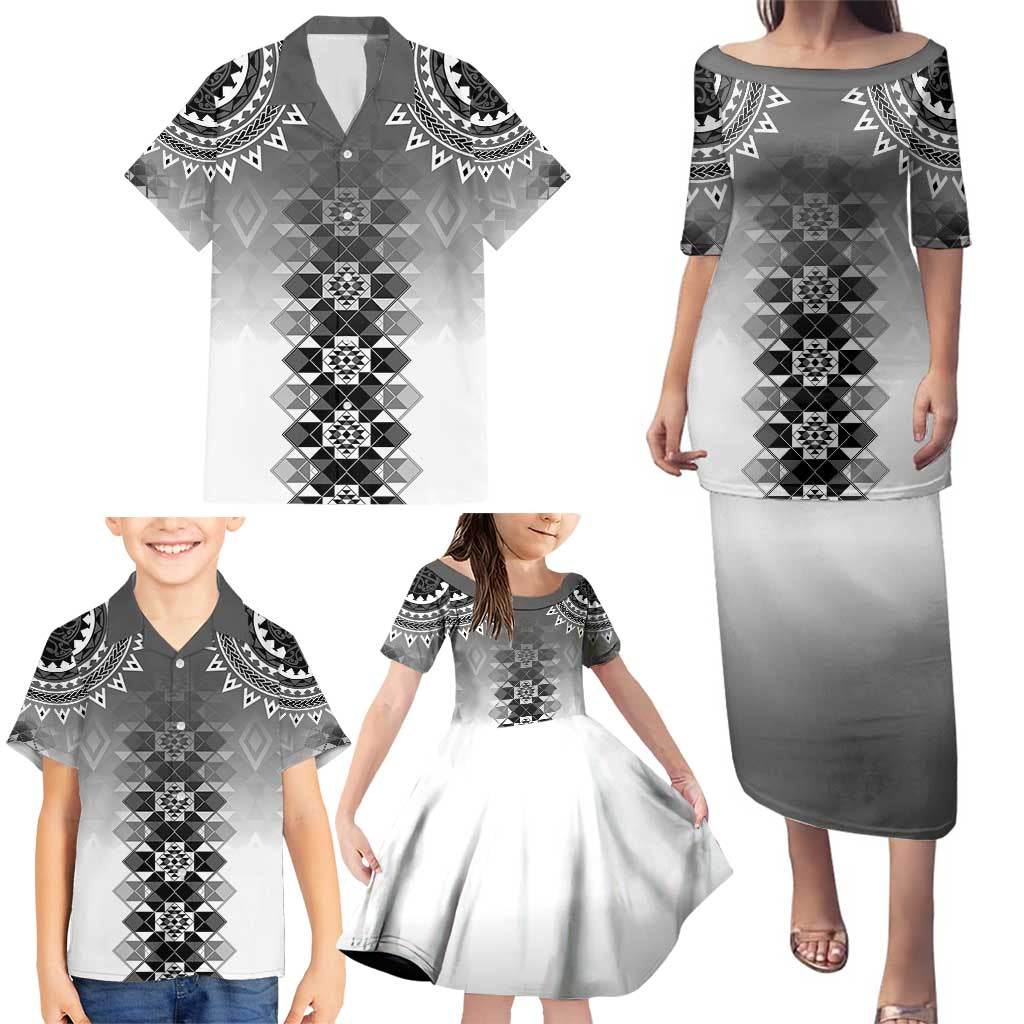 New Zealand Family Matching Puletasi and Hawaiian Shirt Poutama Mix Gray Taniko Inspired Art LT05 - Polynesian Pride
