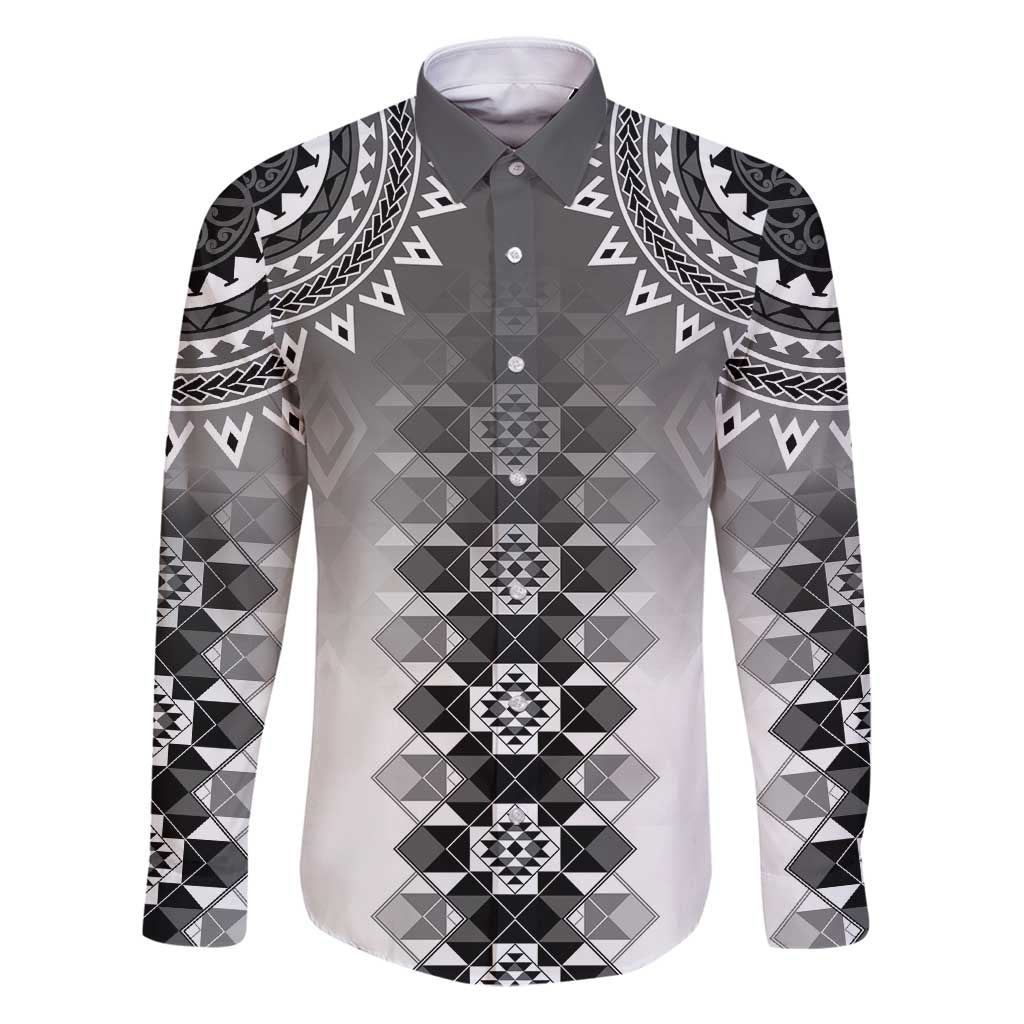 New Zealand Family Matching Puletasi and Hawaiian Shirt Poutama Mix Gray Taniko Inspired Art LT05 Dad's Shirt - Long Sleeve Gray - Polynesian Pride