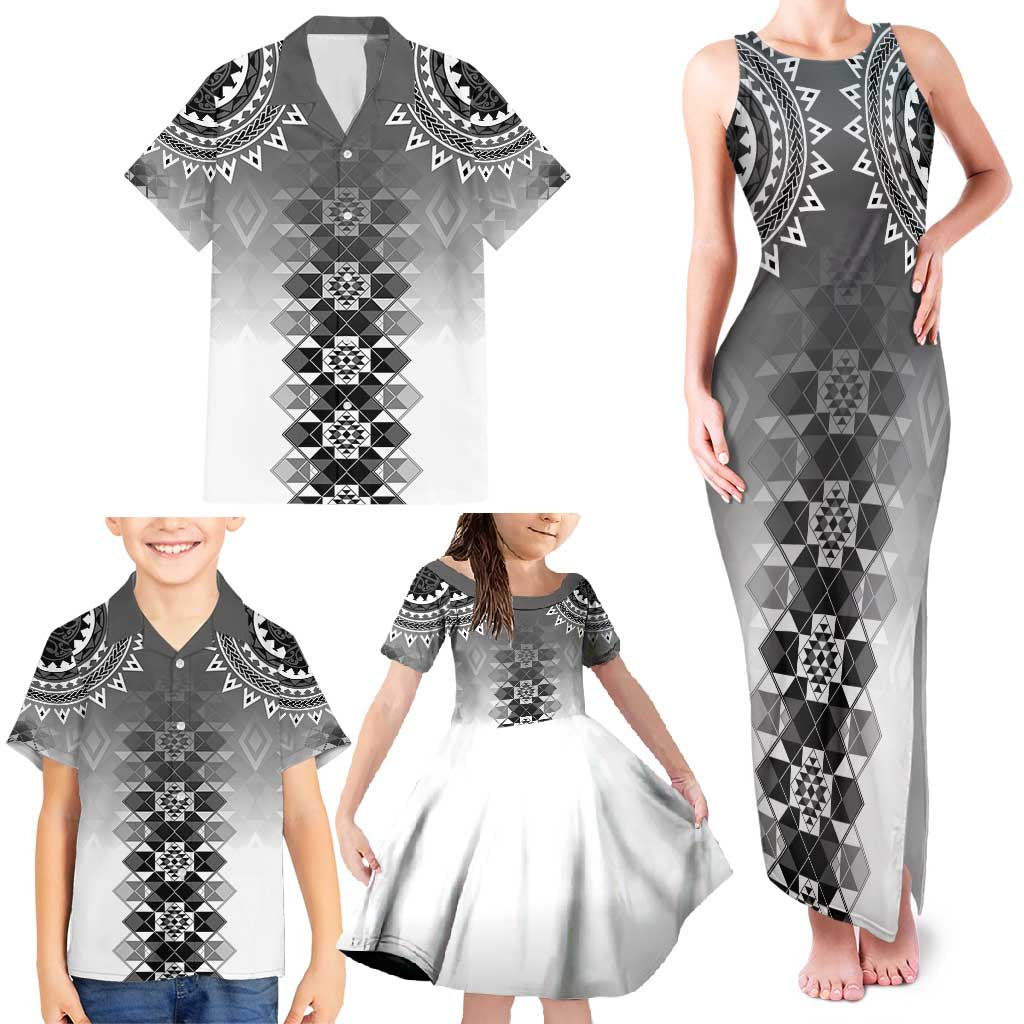 New Zealand Family Matching Tank Maxi Dress and Hawaiian Shirt Poutama Mix Gray Taniko Inspired Art LT05 - Polynesian Pride