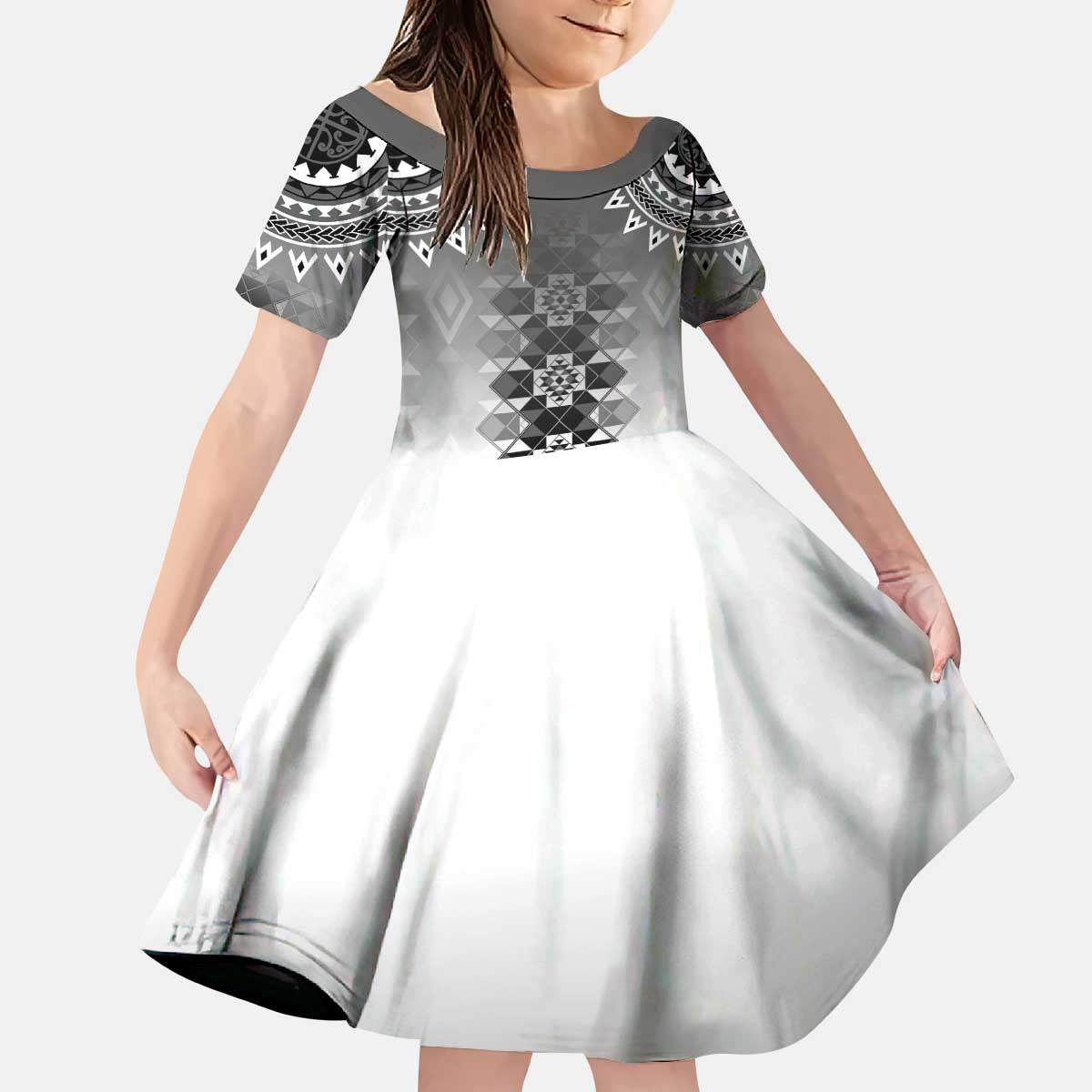 New Zealand Kid Short Sleeve Dress Poutama Mix Gray Taniko Inspired Art LT05 KID Gray - Polynesian Pride
