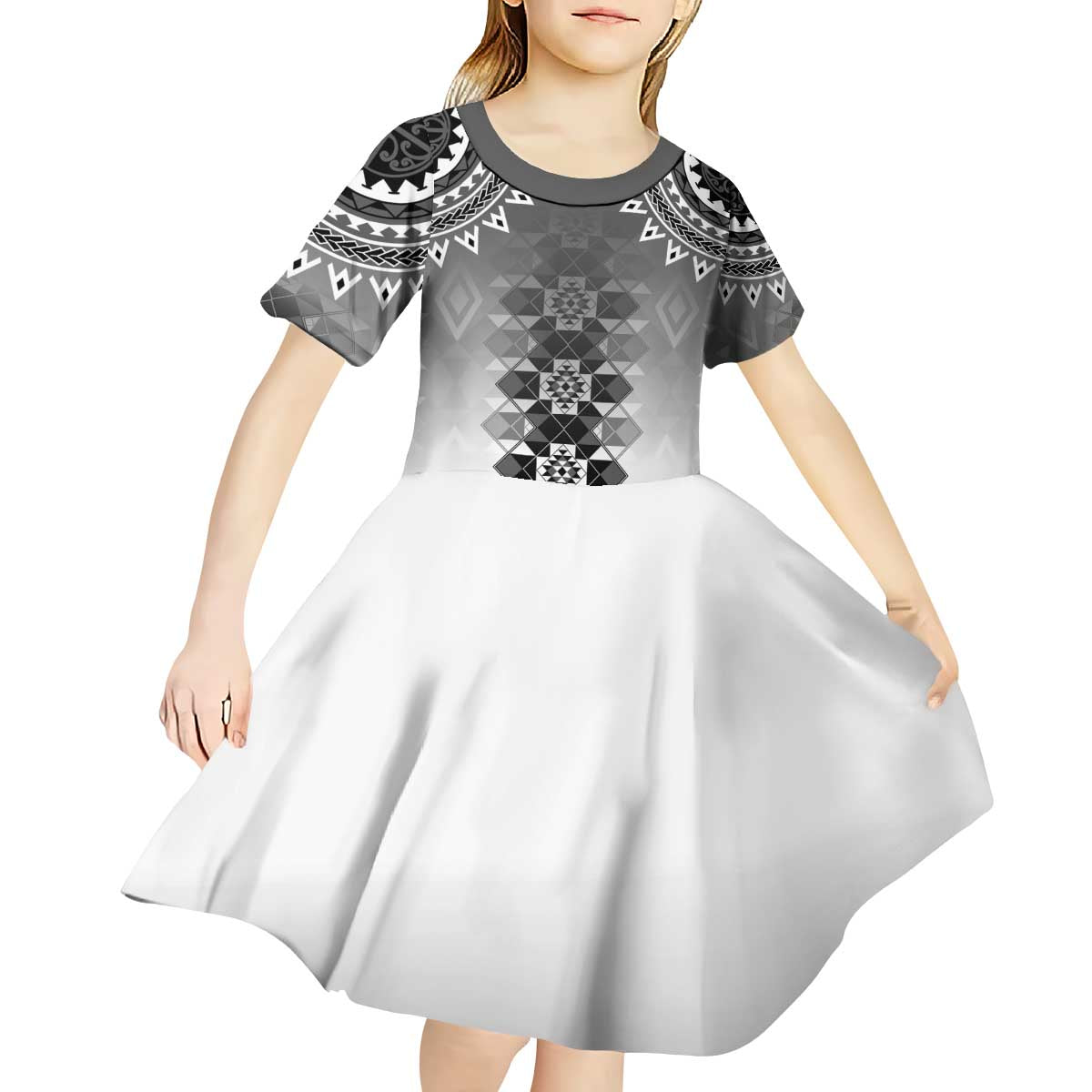 New Zealand Kid Short Sleeve Dress Poutama Mix Gray Taniko Inspired Art LT05 - Polynesian Pride