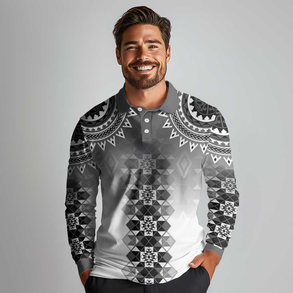 New Zealand Long Sleeve Polo Shirt Poutama Mix Gray Taniko Inspired Art LT05 - Polynesian Pride