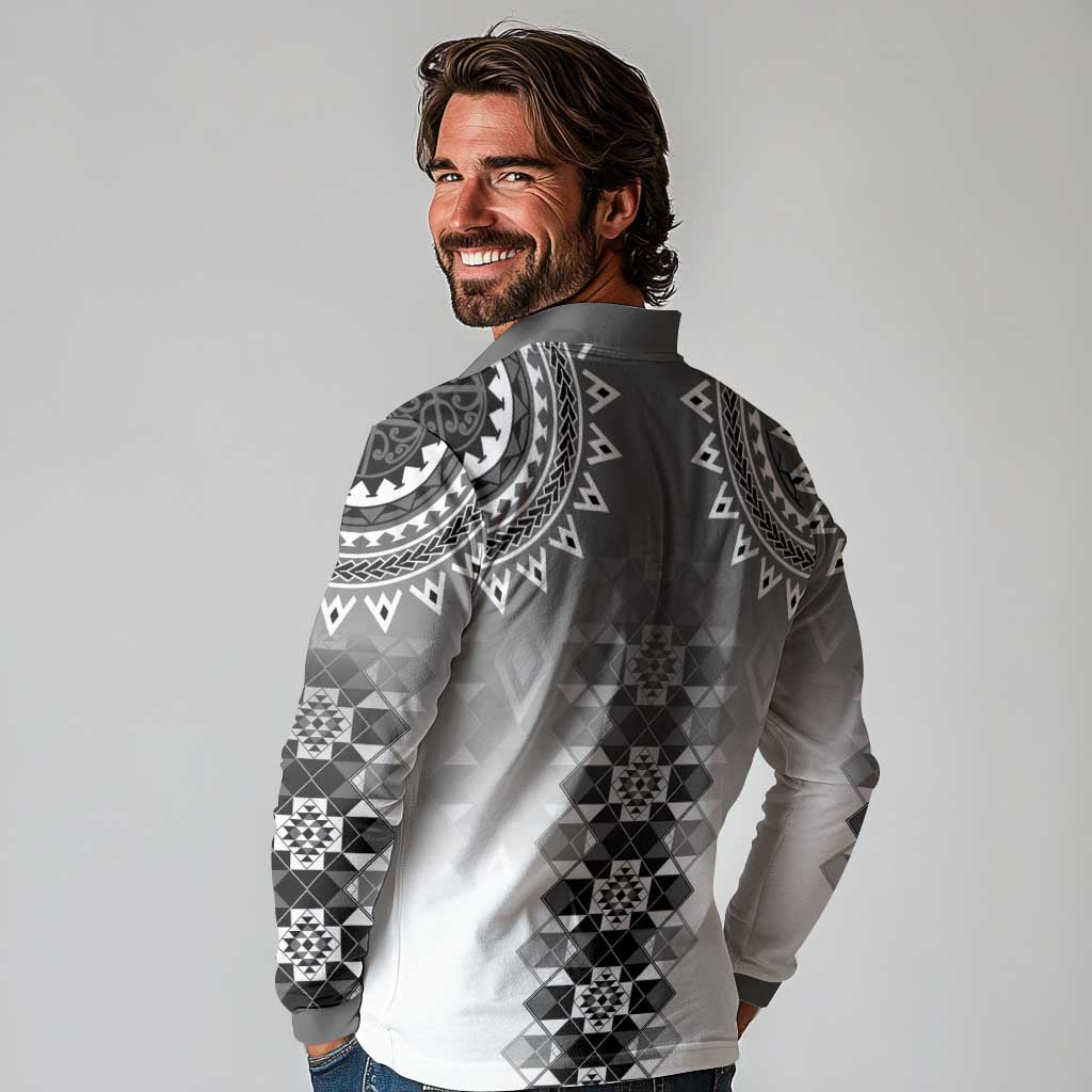 New Zealand Long Sleeve Polo Shirt Poutama Mix Gray Taniko Inspired Art LT05 - Polynesian Pride