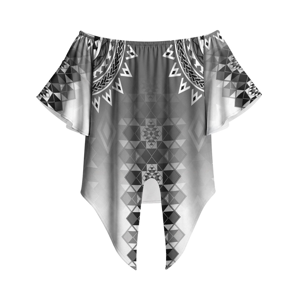 New Zealand Off Shoulder Wrap Waist Top Poutama Mix Gray Taniko Inspired Art LT05 Gray - Polynesian Pride