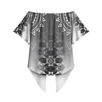 New Zealand Off Shoulder Wrap Waist Top Poutama Mix Gray Taniko Inspired Art LT05 - Polynesian Pride