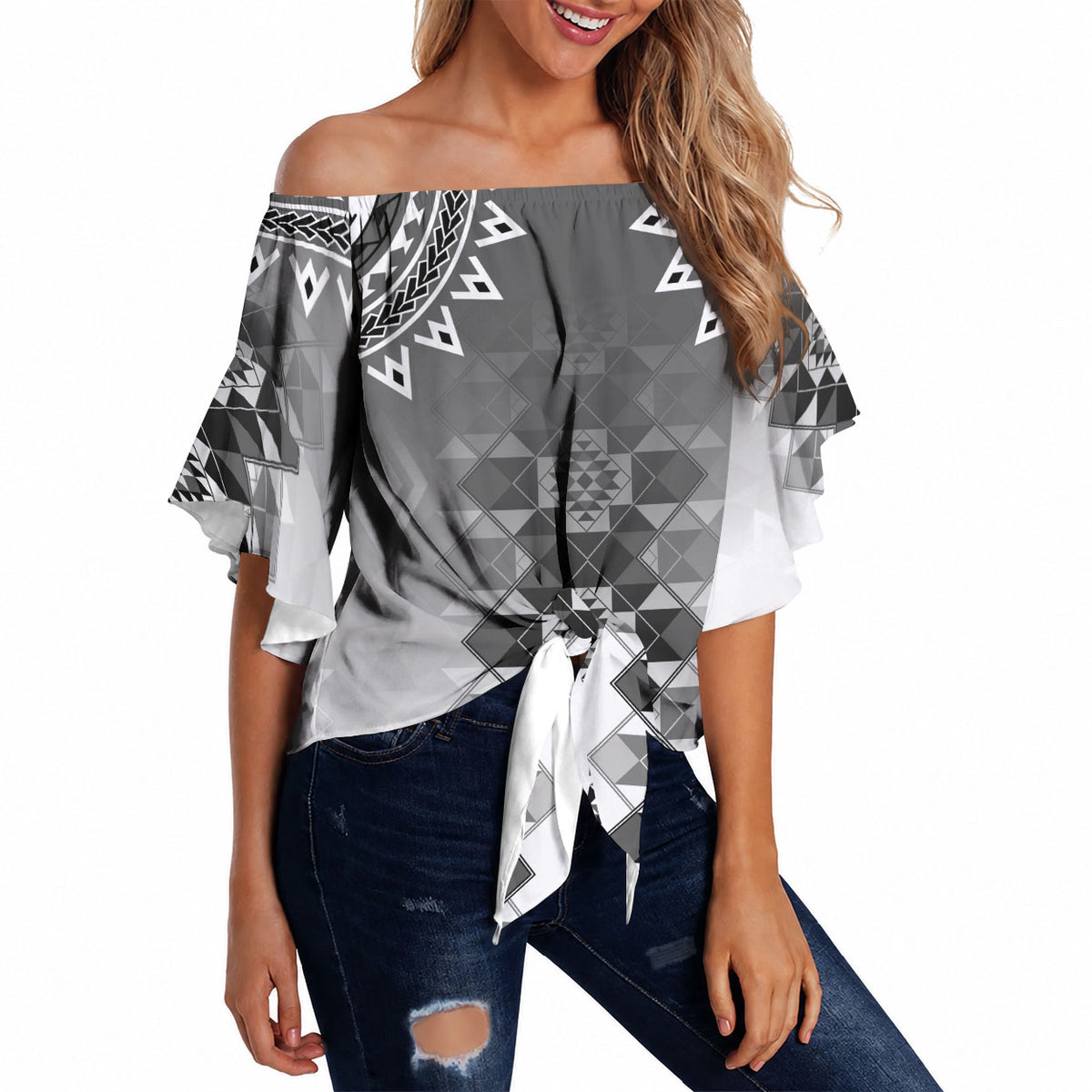New Zealand Off Shoulder Wrap Waist Top Poutama Mix Gray Taniko Inspired Art LT05 - Polynesian Pride