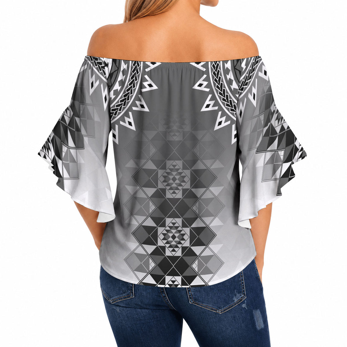 New Zealand Off Shoulder Wrap Waist Top Poutama Mix Gray Taniko Inspired Art LT05 - Polynesian Pride