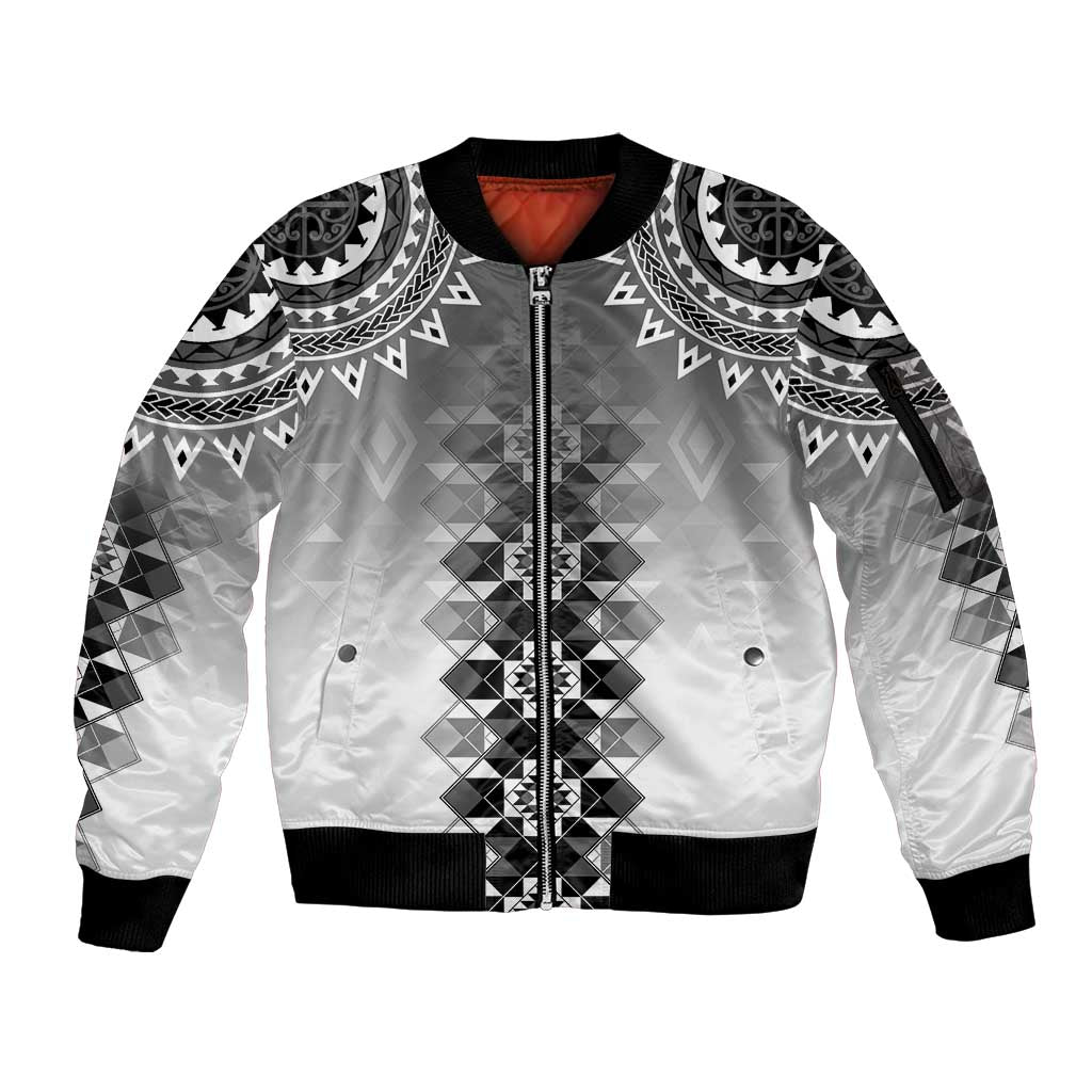 New Zealand Sleeve Zip Bomber Jacket Poutama Mix Gray Taniko Inspired Art LT05 Unisex Gray - Polynesian Pride