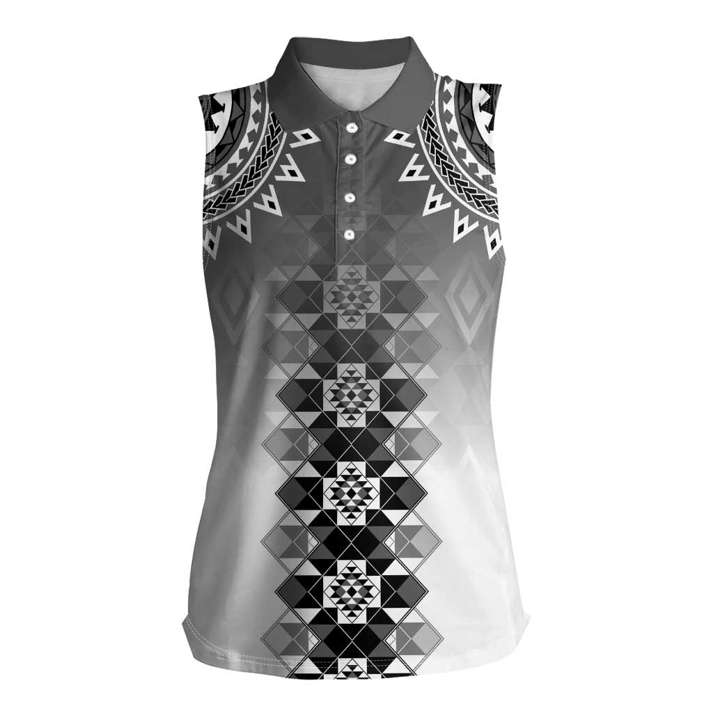 New Zealand Women Sleeveless Polo Shirt Poutama Mix Gray Taniko Inspired Art LT05 Female Gray - Polynesian Pride