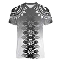 New Zealand Women V-Neck T-Shirt Poutama Mix Gray Taniko Inspired Art LT05 Female Gray - Polynesian Pride