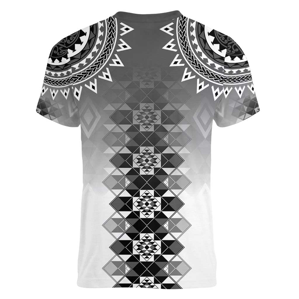 New Zealand Women V-Neck T-Shirt Poutama Mix Gray Taniko Inspired Art LT05 - Polynesian Pride