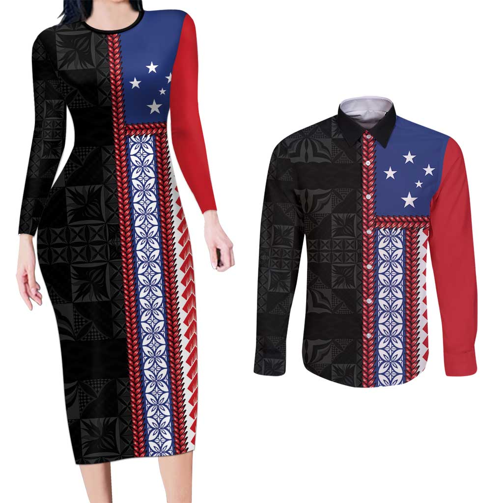 Samoa Flag Couples Matching Long Sleeve Bodycon Dress and Long Sleeve Button Shirt Ula Fala With Samoan Siapo - Polynesian Pride