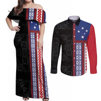Samoa Flag Couples Matching Off Shoulder Maxi Dress and Long Sleeve Button Shirt Ula Fala With Samoan Siapo - Polynesian Pride